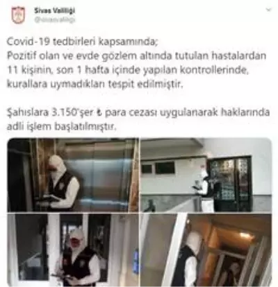 Sivas'ta karantina kuralına uymayan 11 kişiye 31 bin 161 lira para cezası Sivas'ta karantina kuralına uymayan 11 kişiye 31 bin 161 lira para cezası