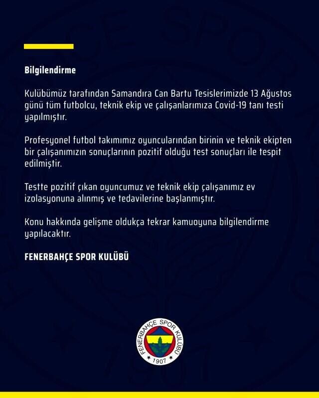 Son Dakika: Fenerbahçe'de bir futbolcunun koronavirüs testi pozitif çıktı Son Dakika: Fenerbahçe'de bir futbolcunun koronavirüs testi pozitif çıktı
