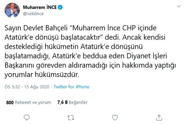 Hareket başlatan Muharrem İnce'den Bahçeli'nin sözlerine sert yanıt: Hükümsüzdür Hareket başlatan Muharrem İnce'den Bahçeli'nin sözlerine sert yanıt: Hükümsüzdür