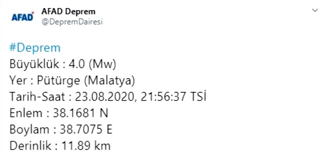 Malatya'nın Pütürge ilçesinde 4 büyüklüğünde deprem meydana geldi