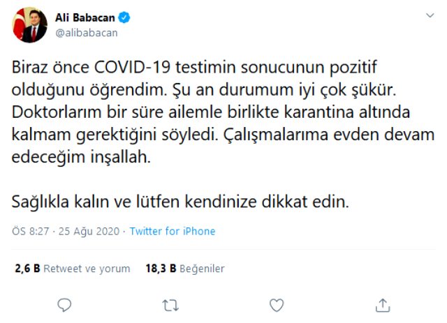 DEVA Partisi Genel Başkanı Ali Babacan koronavirüse yakalandı