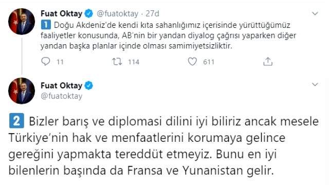 Fuat Oktay AB'ye sert çıktı: Diyalog çağrısı yapıp başka planlar içinde olmak samimiyetsizliktir