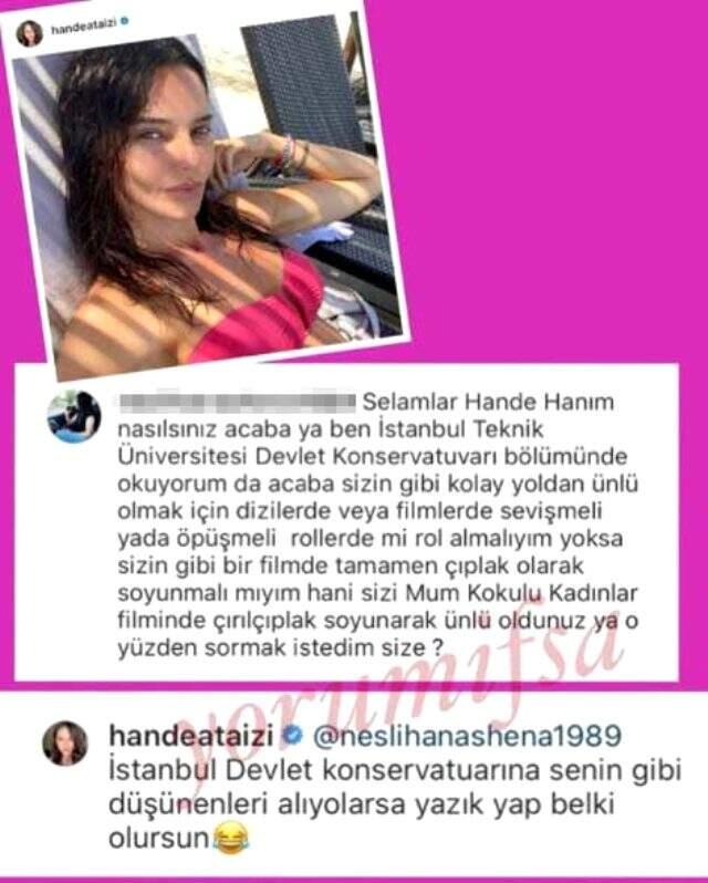 Hande Ataizi'den 'Ünlü olmak için senin gibi soyunmak mı lazım' diyen takipçisine cevap Hande Ataizi'den 'Ünlü olmak için senin gibi soyunmak mı lazım' diyen takipçisine cevap