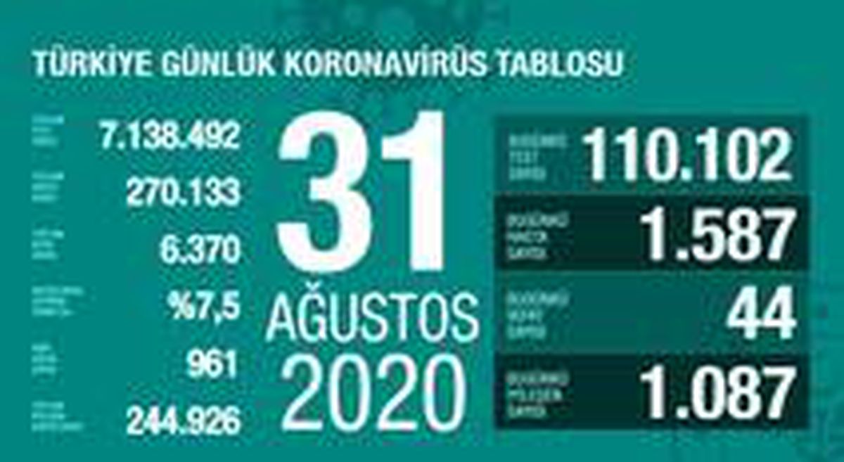 31 Ağustos Pazartesi koronavirüs tablosu Türkiye! Koronavirüsten dolayı kaç kişi öldü? Koronavirüs vaka, iyileşen, entübe sayısı ve son durum ne?