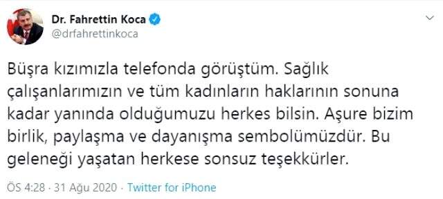 Büşra hemşireye, Bakan Koca'dan destek mesajı