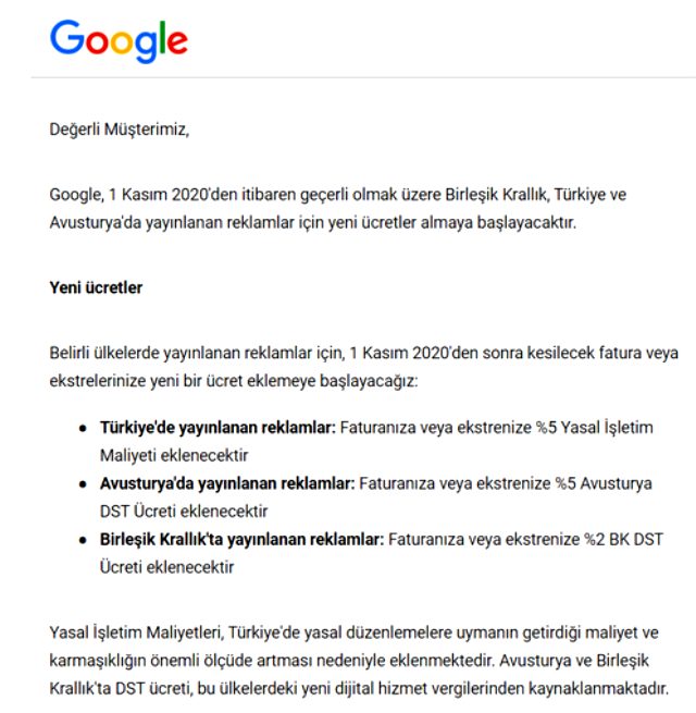 Google, Türkiye'deki reklamlara ek yüzde 5 kesinti uygulayacak