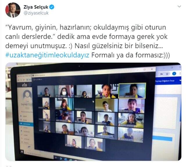 Uzaktan derslere katılan öğrenciler okul formalarını giydi, Bakan komik bir dille takıldı