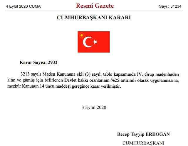 Altın ve gümüş için devlet hakkı oranları yüzde 25 artırımlı uygulanacak