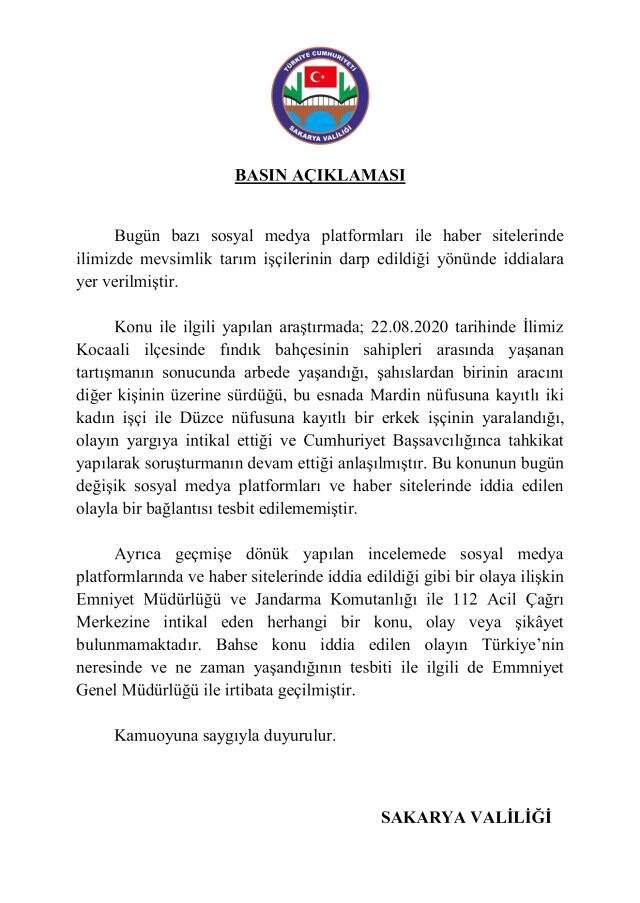 Sakarya Valiliği'nden tarım işçilerine saldırı iddiası ile ilgili açıklama geldi Sakarya Valiliği'nden tarım işçilerine saldırı iddiası ile ilgili açıklama geldi