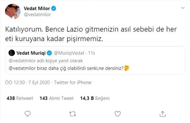 Et diyaloğu sonrası Vedat Milor'un Vedat Muriqi'e Lazio göndermesi yapması, sosyal medyayı salladı Et diyaloğu sonrası Vedat Milor'un Vedat Muriqi'e Lazio göndermesi yapması, sosyal medyayı salladı