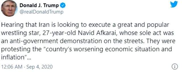İran, Trump'ın dur talebine karşılık ünlü güreşçi Navdi Afkari'nin itiraf videosunu yayınladı