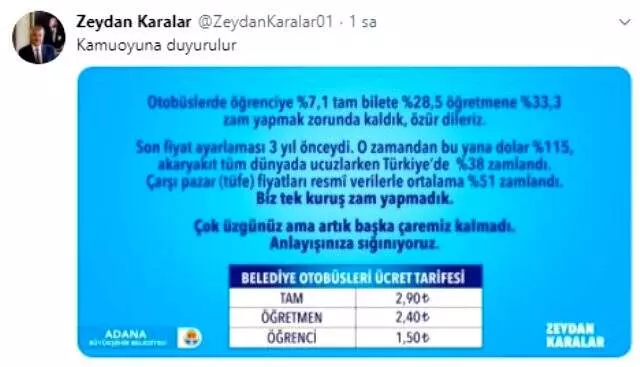 Adana Büyükşehir Belediye Başkanı Zeydan Karalar, ulaşım zammını açıklayarak özür diledi