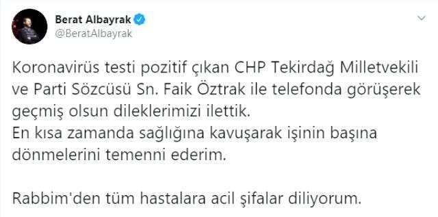 Hazine ve Maliye Bakanı Albayrak, Faik Öztrak'a koronavirüs için geçmiş olsun dileklerini iletti