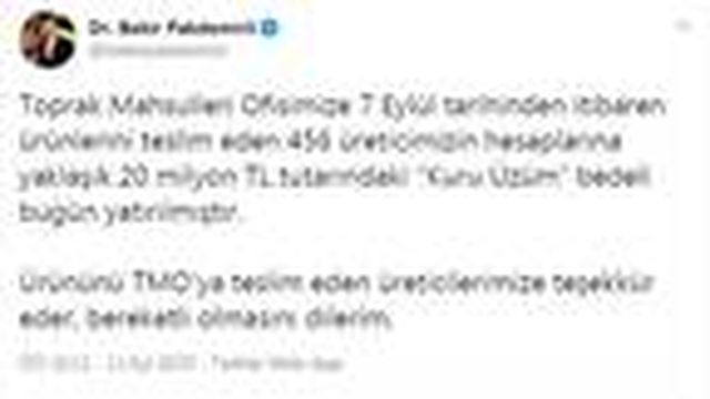 Bakan Pakdemirli: Üreticilerin hesaplarına 20 milyon TL 'kuru üzüm' bedeli yatırıldı
