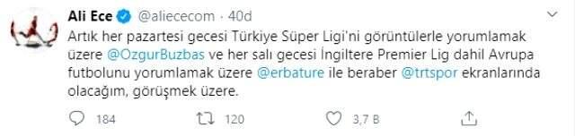 NTV ile yollarını ayıran Ali Ece, TRT Spor'a transfer olduğunu duyurdu NTV ile yollarını ayıran Ali Ece, TRT Spor'a transfer olduğunu duyurdu
