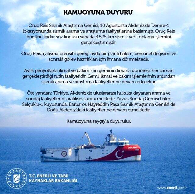 Oruç Reis, ikmal ve bakım çalışmalarının ardından faaliyetlerine devam edecek