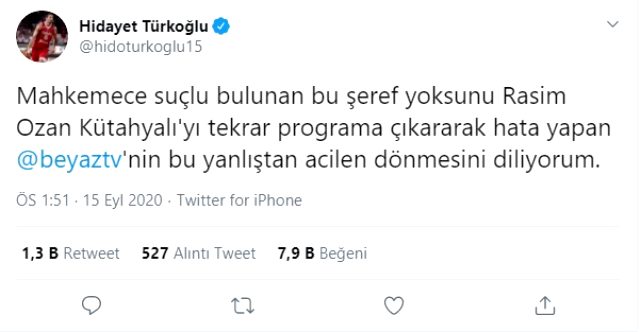 Yeniden ekrana çıkan Rasim Ozan Kütahyalı'ya ' Şeref yoksunu' diyen Hidayet Türkoğlu, Beyaz TV'ye çağrıda bulundu