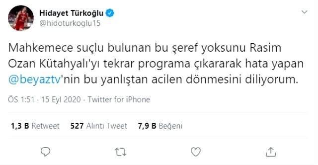 Yeniden ekrana çıkan Rasim Ozan Kütahyalı'ya ' Şeref yoksunu' diyen Hidayet Türkoğlu, Beyaz TV'ye çağrıda bulundu Yeniden ekrana çıkan Rasim Ozan Kütahyalı'ya ' Şeref yoksunu' diyen Hidayet Türkoğlu, Beyaz TV'ye çağrıda bulundu