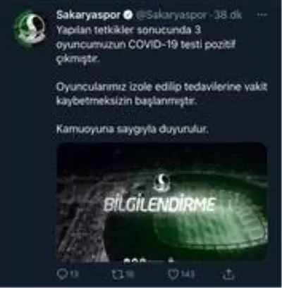 Sakaryaspor'da 3 futbolcunun korona testi pozitif çıktı Sakaryaspor'da 3 futbolcunun korona testi pozitif çıktı