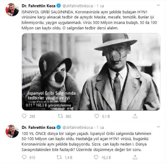 Bakan Koca, korona salgının vahametini İspanyol Gribi'yle anlattı: 50 ila 100 milyon can kaybı olmuştu Bakan Koca, korona salgının vahametini İspanyol Gribi'yle anlattı: 50 ila 100 milyon can kaybı olmuştu