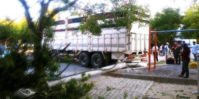 Freni boşalan kamyon çocuk parkındaki elektrik direğine çarparak durabildi! Çocuklar son anda kurtuldu Freni boşalan kamyon çocuk parkındaki elektrik direğine çarparak durabildi! Çocuklar son anda kurtuldu