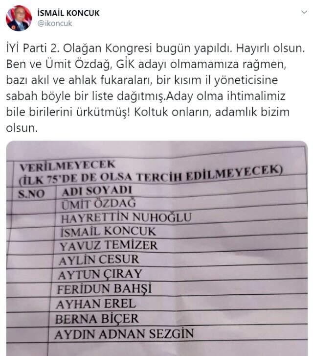 İYİ Parti'de kriz! Genel İdare Kurulu'na seçilemeyen Aytun Çıray tepki gösterdi İYİ Parti'de kriz! Genel İdare Kurulu'na seçilemeyen Aytun Çıray tepki gösterdi