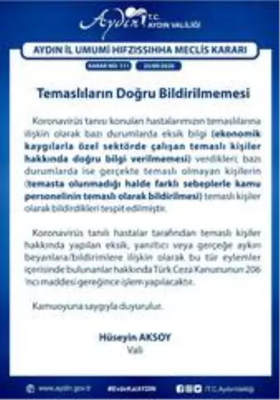 Aydın Valiliğinden önemli korona kararı Aydın Valiliğinden önemli korona kararı