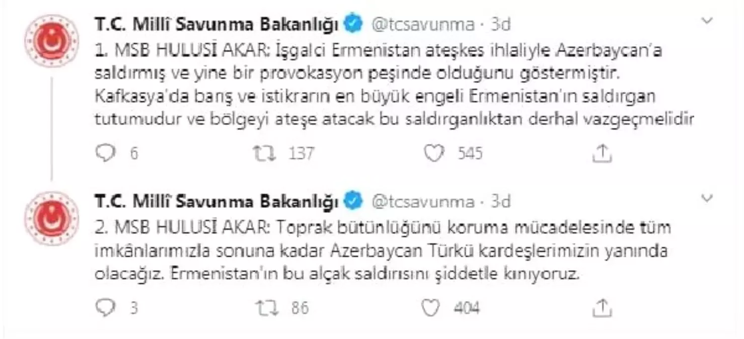 Son dakika haberi! Milli Savunma Bakanı Akar'dan Ermenistan'ın  saldırılarına tepki Açıklaması - Haber