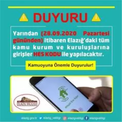 Son dakika! Elazığ'da kamu kurumlarına girişte HES kodu zorunluluğu Son dakika! Elazığ'da kamu kurumlarına girişte HES kodu zorunluluğu