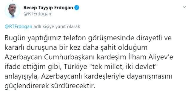 Son Dakika! Ermenistan'ın saldırısı sonrasında Cumhurbaşkanı Erdoğan'dan Azerbaycan'a destek mesajı Son Dakika! Ermenistan'ın saldırısı sonrasında Cumhurbaşkanı Erdoğan'dan Azerbaycan'a destek mesajı