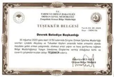 Bakanlıktan Devrek Belediyesi'ne teşekkür belgesi Bakanlıktan Devrek Belediyesi'ne teşekkür belgesi