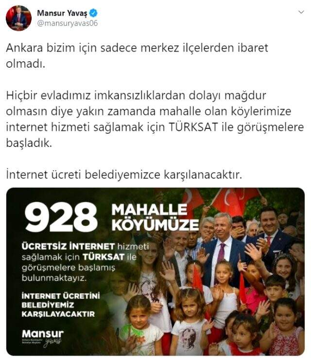 Mansur Yavaş, öğrencilerin EBA üzerinden yapılan eğitimlerden geri kalmaması için köylere ücretsiz internet getiriyor