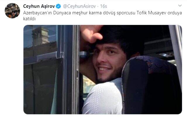 Azerbaycan'ın dünyaca ünlü sporcusu Tofiq Musayev de Ermenistan'la savaşmak için orduya katıldı