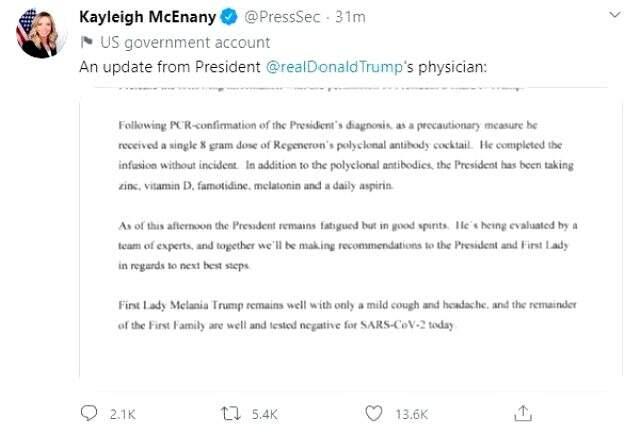 Koronavirüse yakalanan Trump'a önlem amaçlı 'antikor kokteyli' tedavisi uygulandı