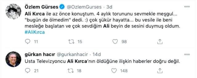 Sosyal medyada yayılan 'Ali Kırca öldü' söylentilerini meslektaşları yalanladı