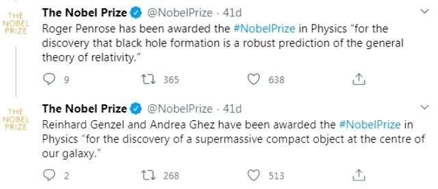 2020 Nobel Fizik Ödülü, kara delik ve Samanyolu Galaksisi ile ilgili çalışmalar yapan 2 isme verildi