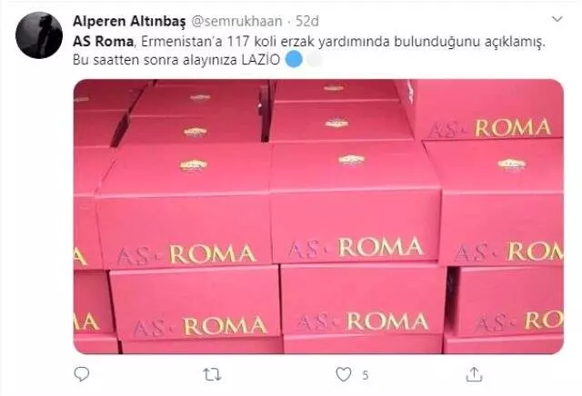 Roma Kulübü, Dağlık Karabağ'ı işgal eden Ermenistan'a yardım kolisi gönderdi Roma Kulübü, Dağlık Karabağ'ı işgal eden Ermenistan'a yardım kolisi gönderdi