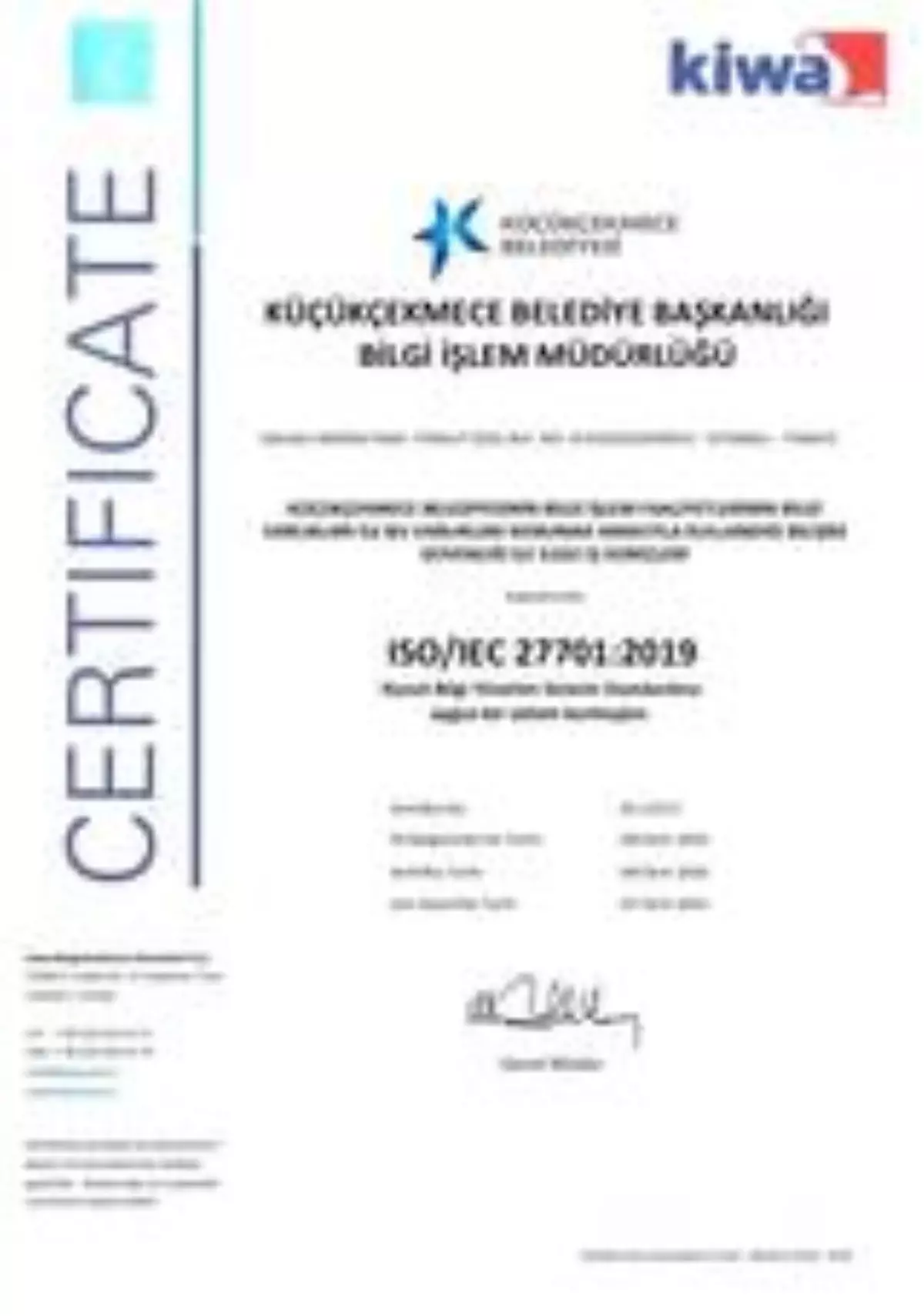 Küçükçekmece Belediyesine ISO 27701 sertifikası