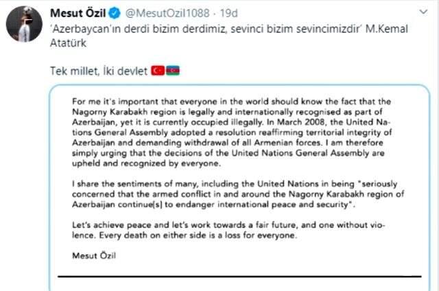 Alman basınından Azerbaycan'a destek veren Mesut Özil'e: Erdoğan'ın elçiliğini yapıyor Alman basınından Azerbaycan'a destek veren Mesut Özil'e: Erdoğan'ın elçiliğini yapıyor