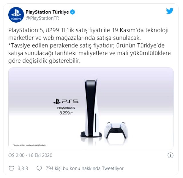 PlayStation 5 Türkiye'de 8.299 TL'den satılacak