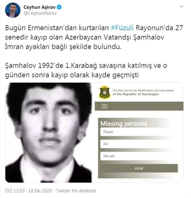 Ermenilerin zulmü bitmiyor! 28 yıl boyunca esir olan Şamhalov İmran, kurtarılan kentteki bir evde ayakları zincirli olarak bulundu Ermenilerin zulmü bitmiyor! 28 yıl boyunca esir olan Şamhalov İmran, kurtarılan kentteki bir evde ayakları zincirli olarak bulundu
