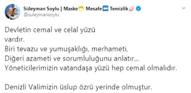 İçişleri Bakanı Soylu, Denizli Valisinin davranışını değerlendirdi: Devletin cemal ve celal yüzü vardır İçişleri Bakanı Soylu, Denizli Valisinin davranışını değerlendirdi: Devletin cemal ve celal yüzü vardır