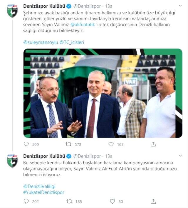 Yukatel Denizlispor, sosyal medyada tepki çeken Vali Ali Fuat Atik'e destek verdi
