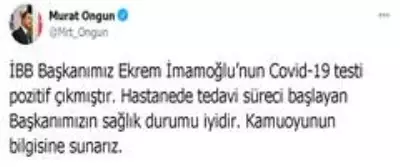 İBB Başkanı Ekrem İmamoğlu'nun Kovid-19 testi pozitif çıktı İBB Başkanı Ekrem İmamoğlu'nun Kovid-19 testi pozitif çıktı