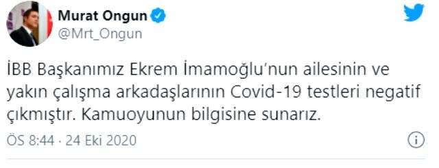 Koronavirüse yakalanan Ekrem İmamoğlu'nun ailesinin test sonuçları belli oldu Koronavirüse yakalanan Ekrem İmamoğlu'nun ailesinin test sonuçları belli oldu