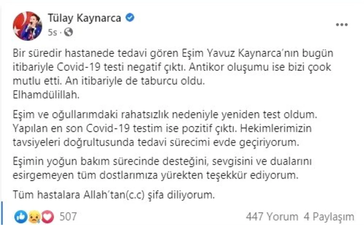 Milletvekili Tülay Kaynarca, korona virüs testinin pozitif çıktığını açıkladı