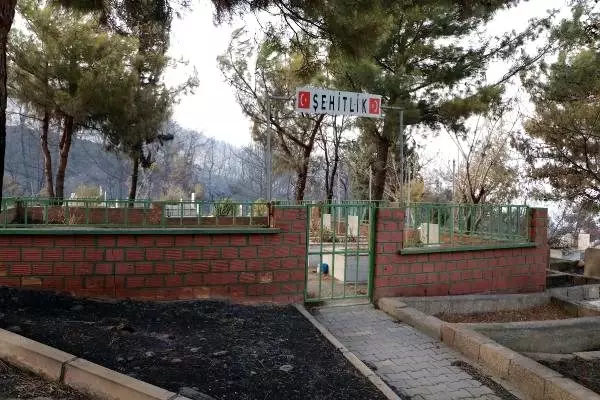 Söndürme çalışmalarının sürdüğü İskenderun'da Azganlık Şehitliği, yangından etkilenmedi Söndürme çalışmalarının sürdüğü İskenderun'da Azganlık Şehitliği, yangından etkilenmedi