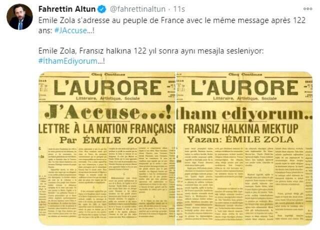İletişim Başkanı Altun, Emile Zola'nın 122 yıllık mektubu ile İslam karşıtlığı yapan Fransa'ya seslendi İletişim Başkanı Altun, Emile Zola'nın 122 yıllık mektubu ile İslam karşıtlığı yapan Fransa'ya seslendi