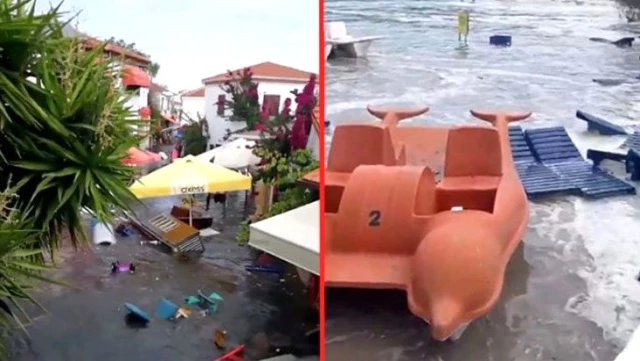 Seferihisar'da deprem nedeniyle deniz taştı, cadde ve sokaklar sular altında kaldı