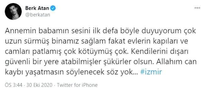 Oyuncu Berk Atan'ın İzmir'de yaşayan ailesi depreme evlerinde yakalandı